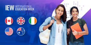 Flag graphics of Canada, the US, the UK, Ireland, and Australia are featured on a blue background. Two smiling women pose to the flags' right with tote bags and folders. The words 