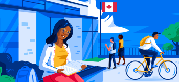 Illustration of female studying reading in front of school