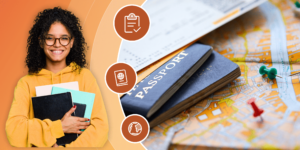 An international students holds some books to her chest and smiles, next to a different photo of a passport sitting on a city map with pins