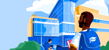 Illustration of man in front of school